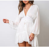 V Neck WomenSpring Summer Dress Lace Long Sleeve Mini Party Dress